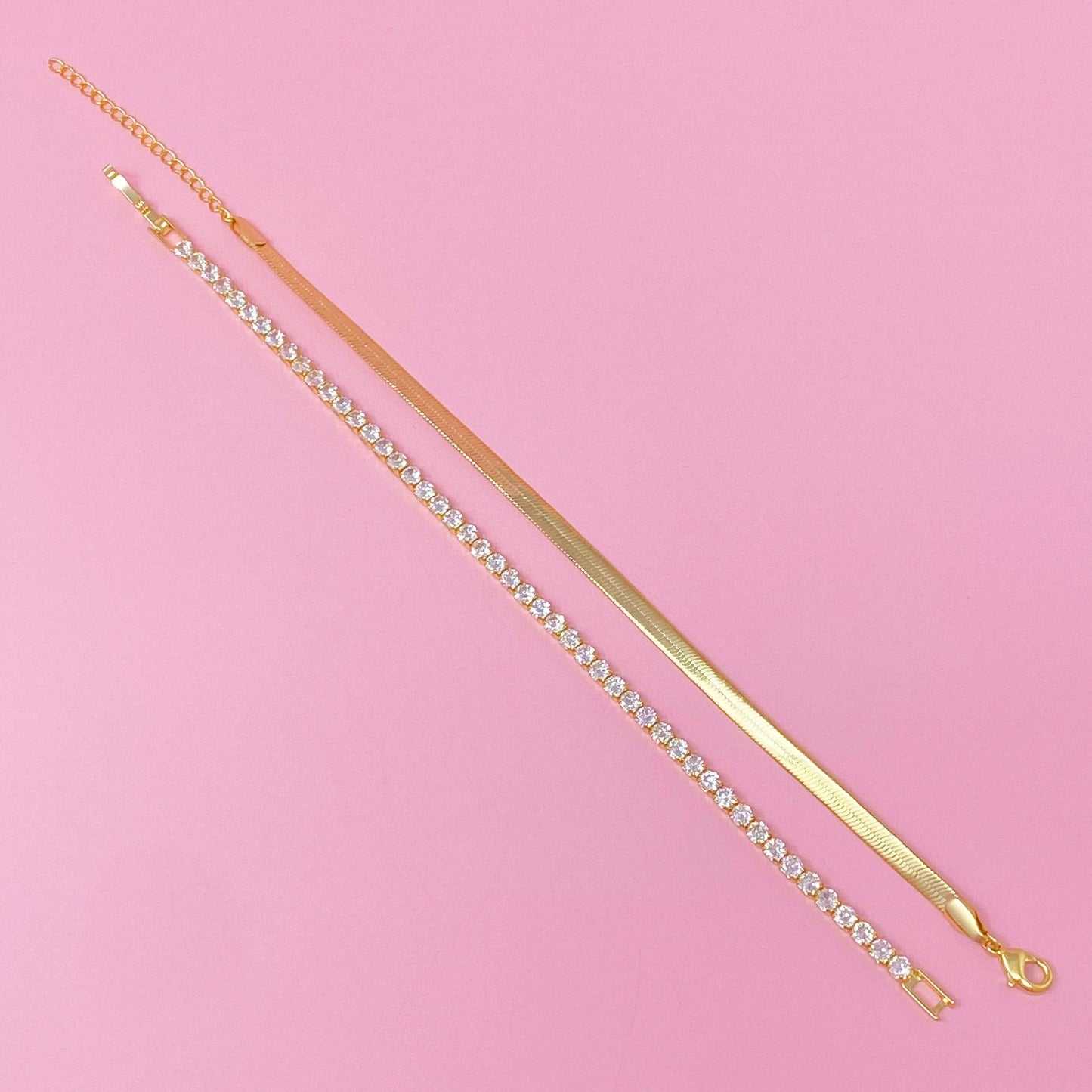 Herringbone And Tennis Bracelet Set Of 2: Gold