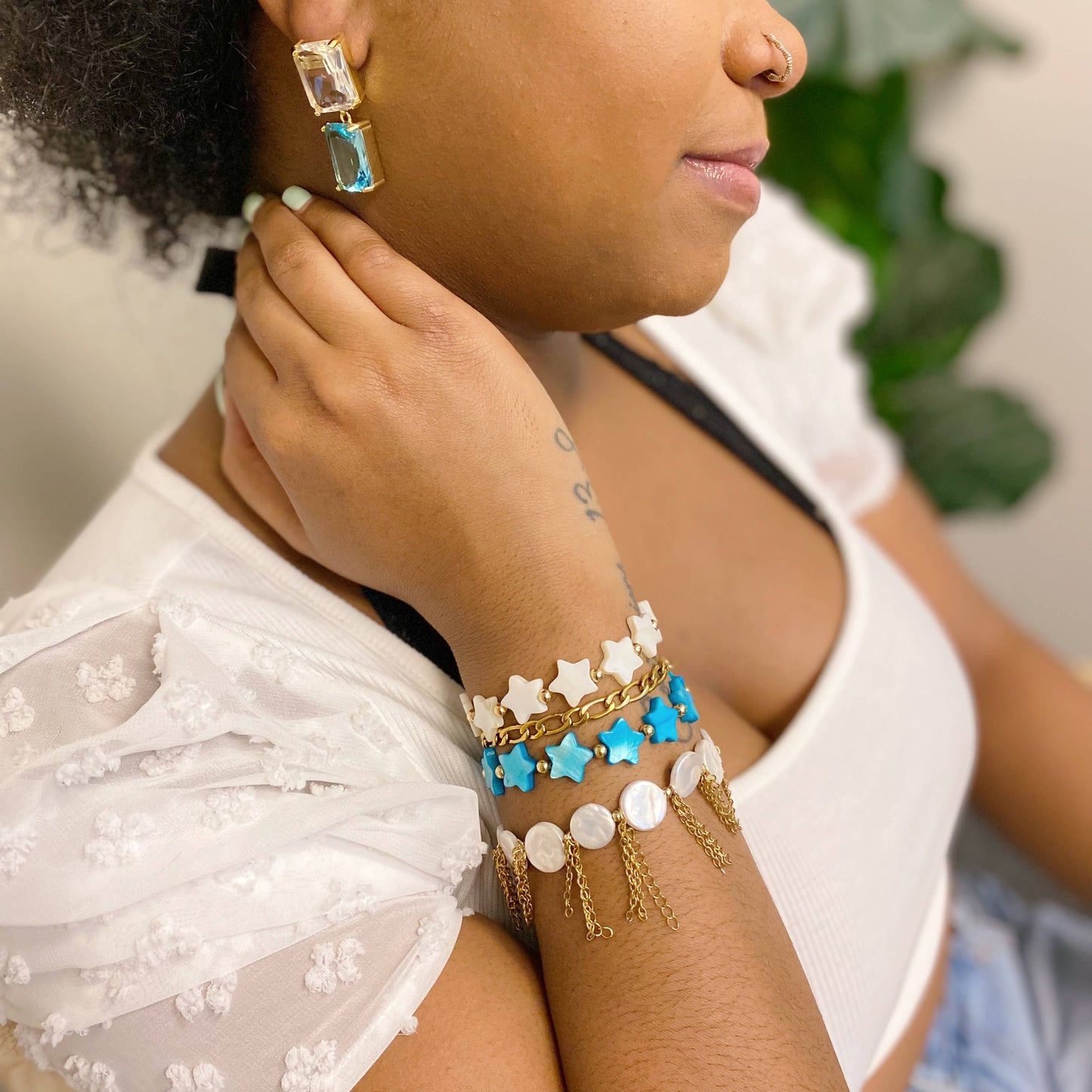Shelly Star Stretch Bracelet: Cream