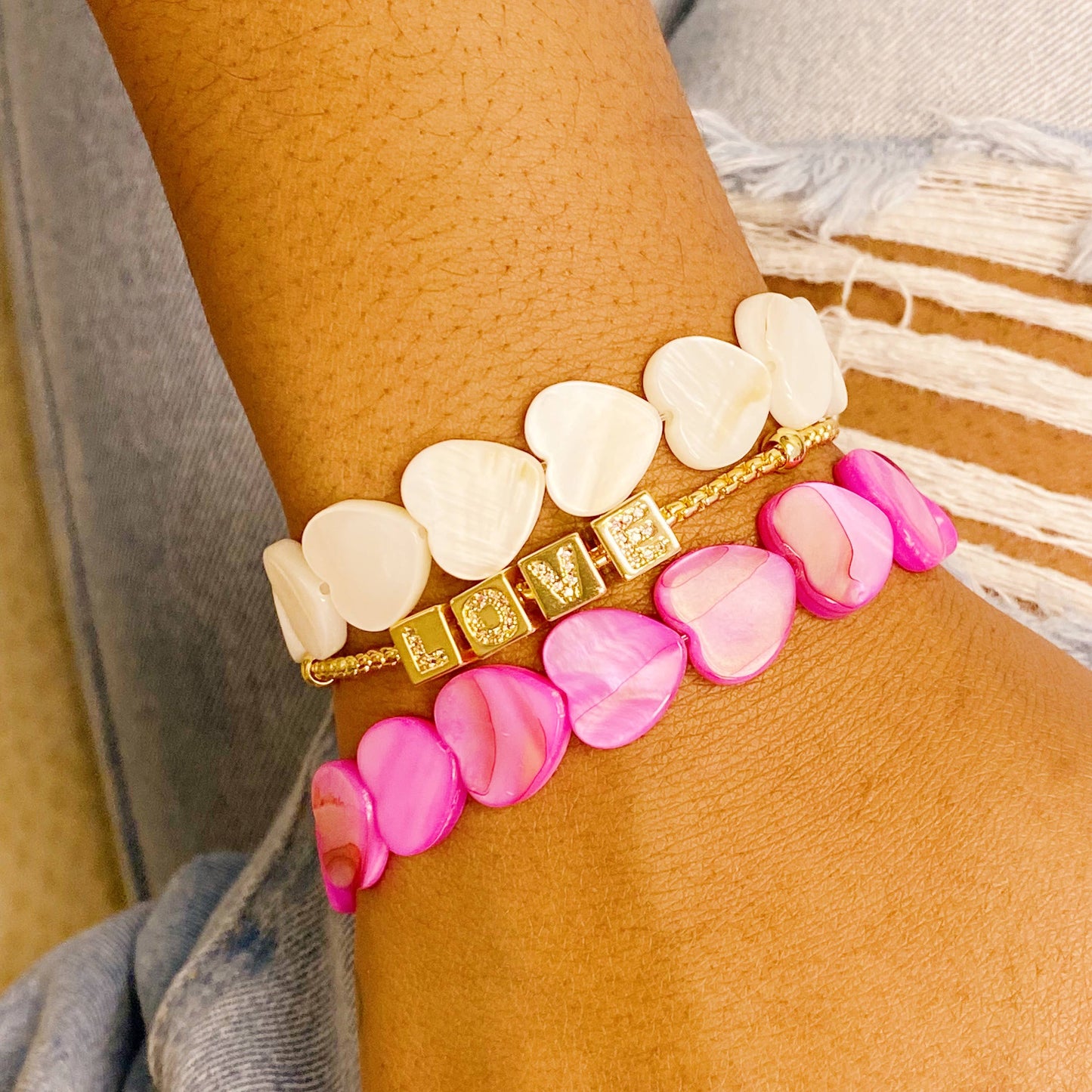 Shelly Heart Stretch Bracelet: Cream