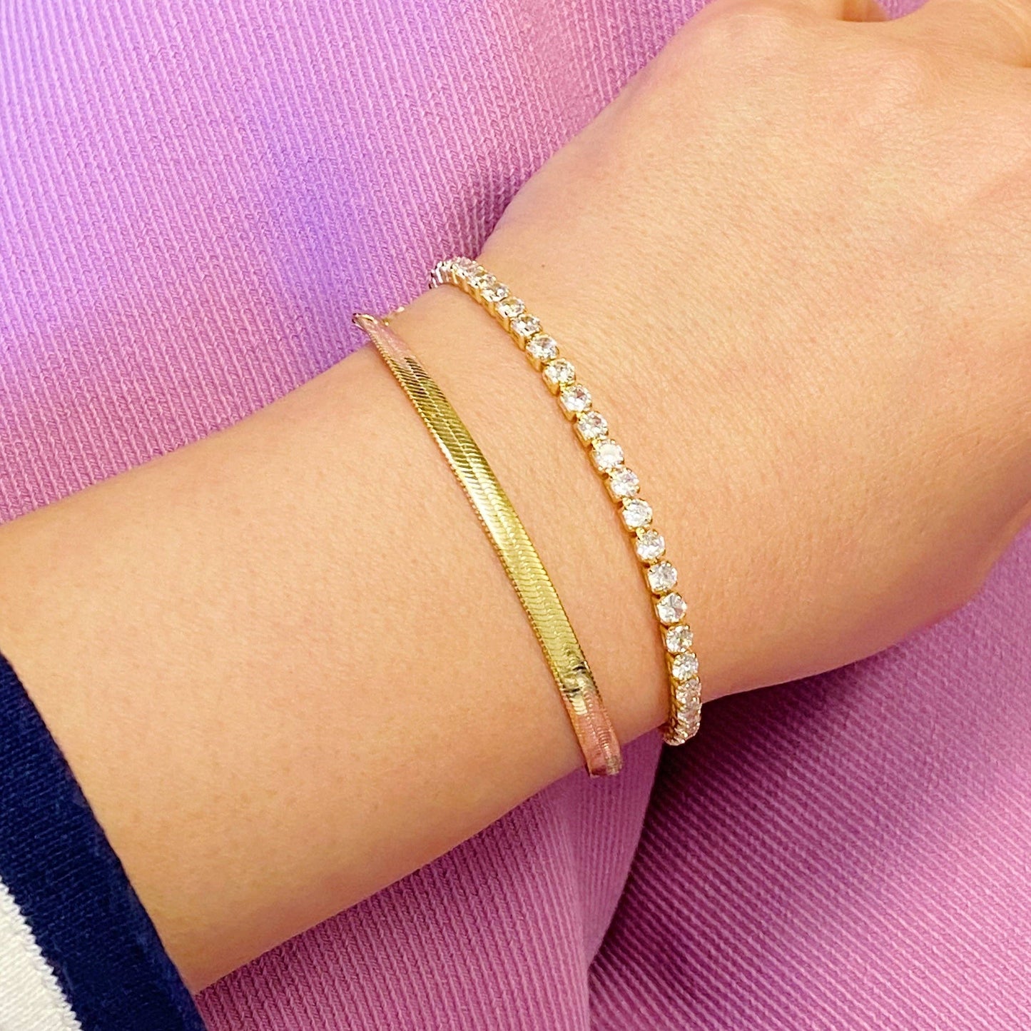Herringbone And Tennis Bracelet Set Of 2: Gold