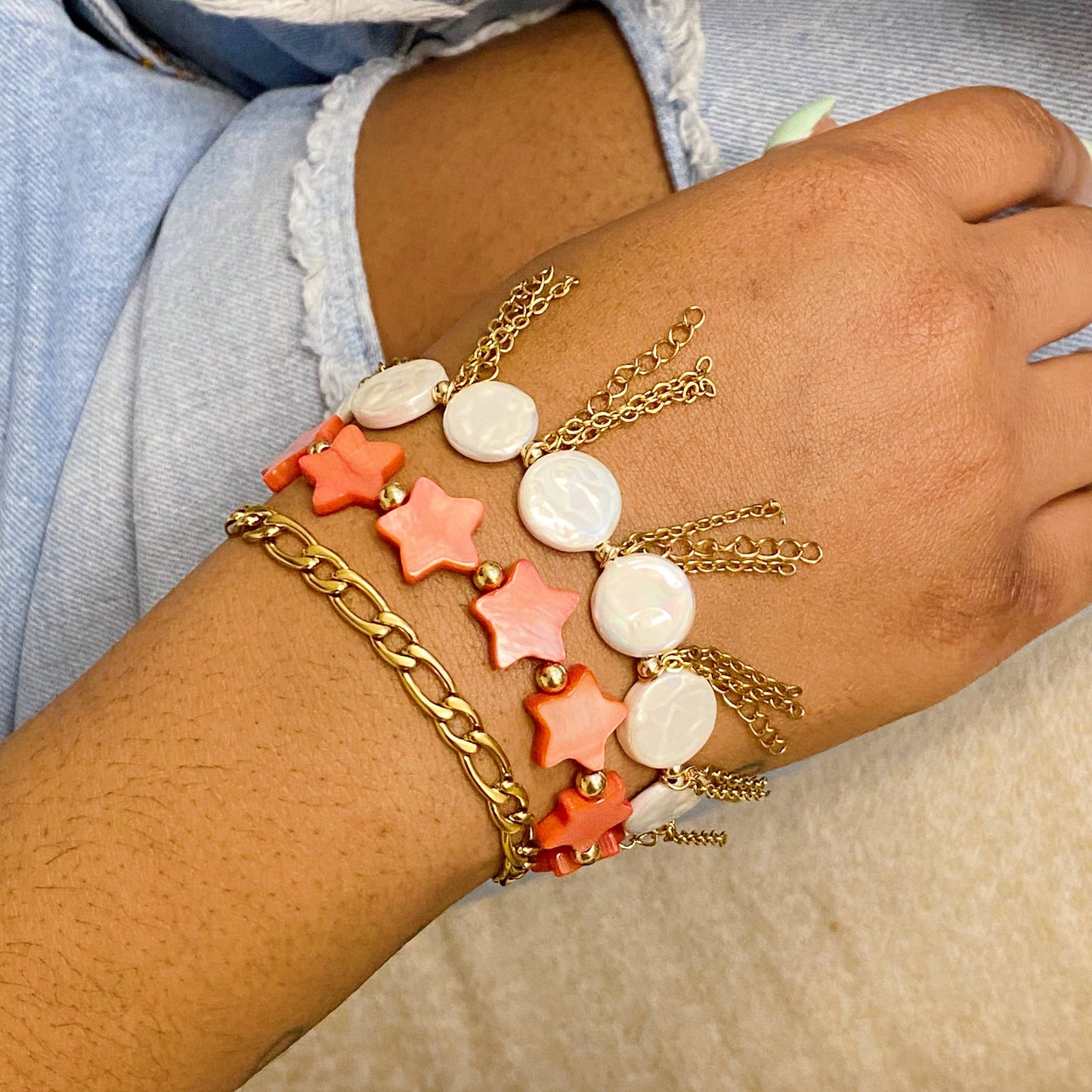 Shelly Star Stretch Bracelet: Cream