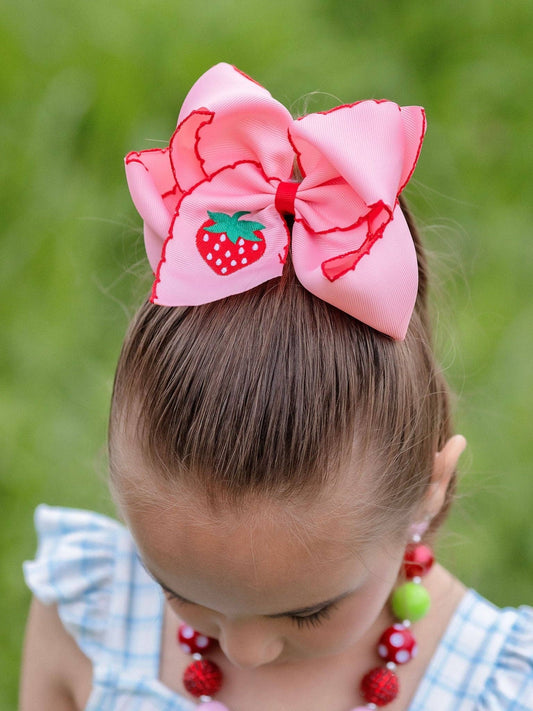 Strawberry Embroidered Moonstitch Hair Bow | Clip or Headband
