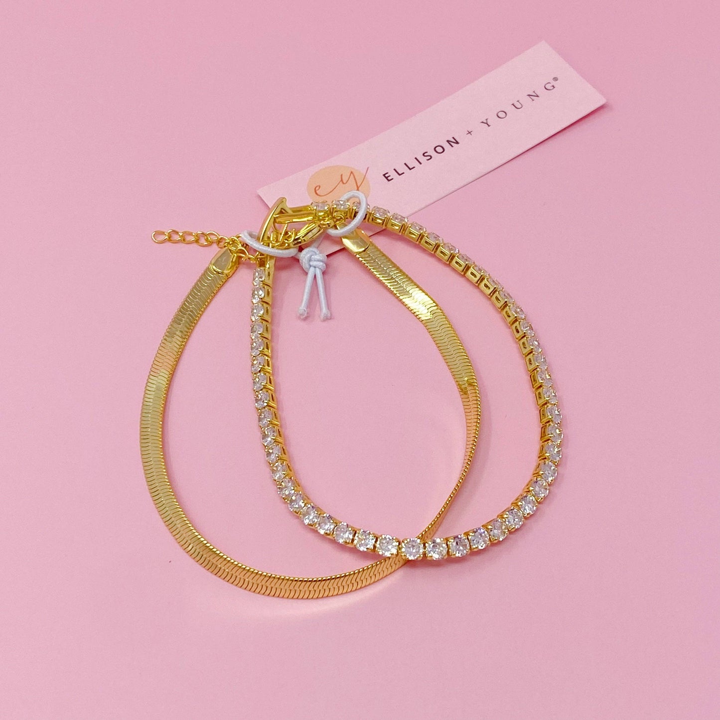 Herringbone And Tennis Bracelet Set Of 2: Gold