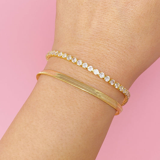 Herringbone And Tennis Bracelet Set Of 2: Gold
