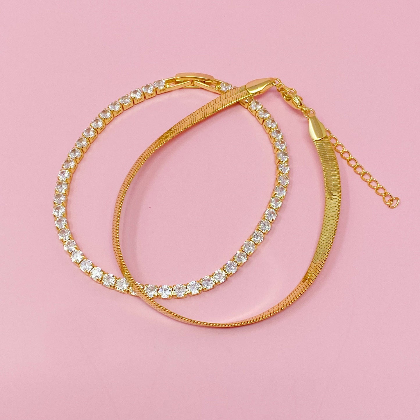 Herringbone And Tennis Bracelet Set Of 2: Gold