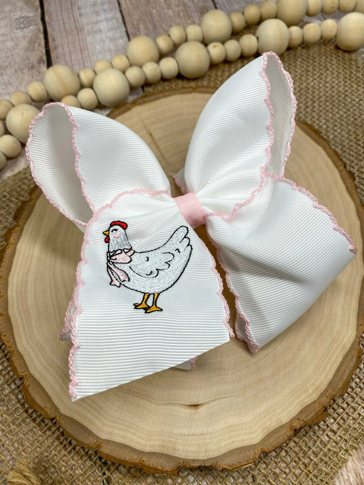 Chicken Embroidered Moonstitch Hair Bow | Clip or Headband