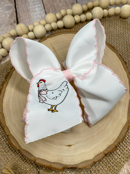 Chicken Embroidered Moonstitch Hair Bow | Clip or Headband