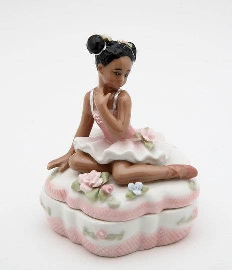 Porcelain African American Ballerina with Pink Trinket Box