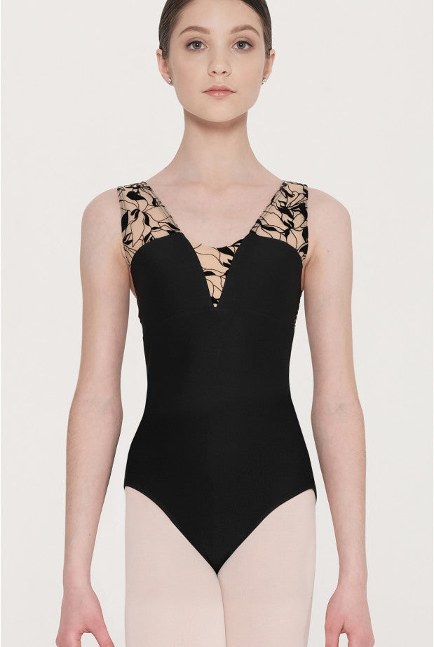 Flocked mesh v-neck tank leotard (Wear Moi #HESTIA)