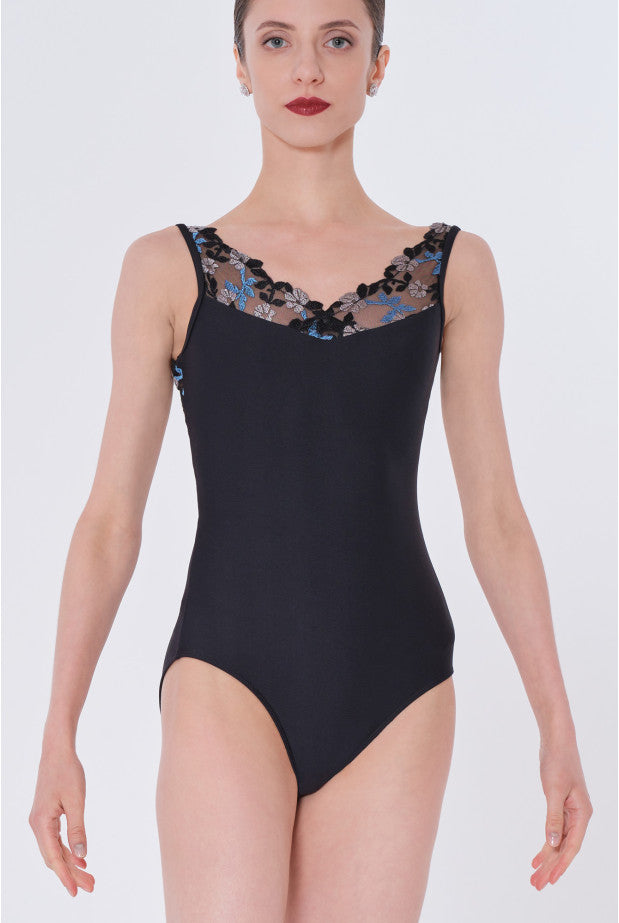 Emroidered mesh inset double strap cami leotard (Wear Moi Reine)