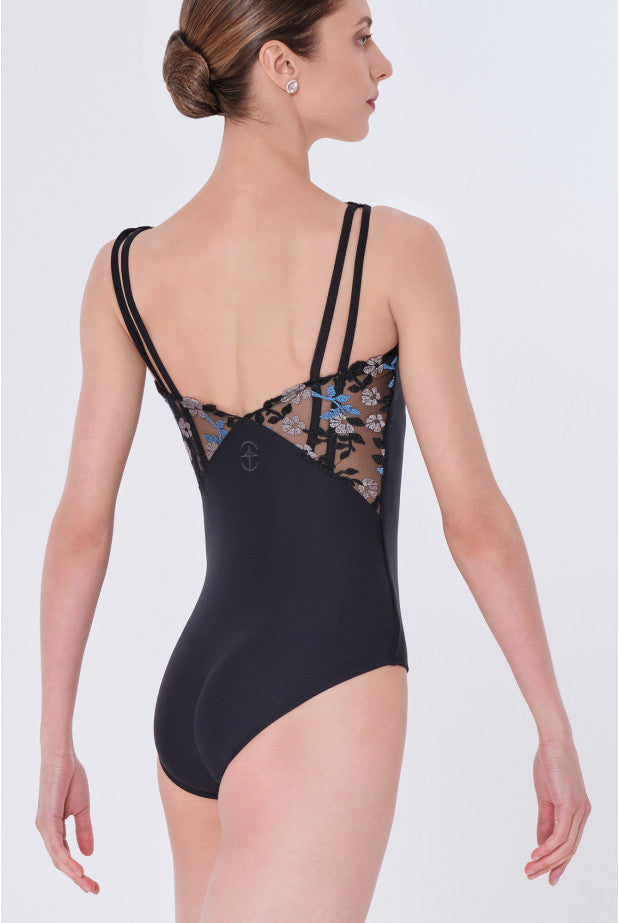 Emroidered mesh inset double strap cami leotard (Wear Moi Reine)